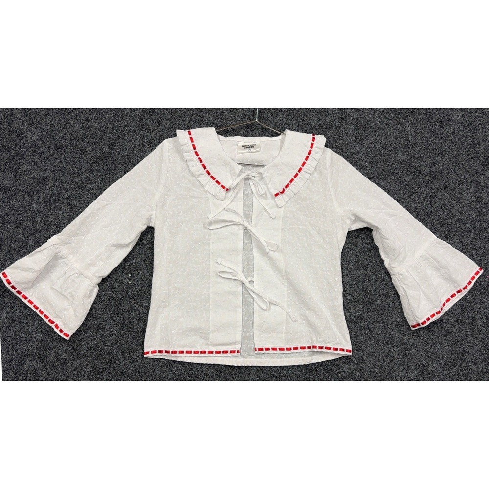 Minka Dink London Top S White Red Eyelet Tie Front Ruffle Bell Sleeve Boho